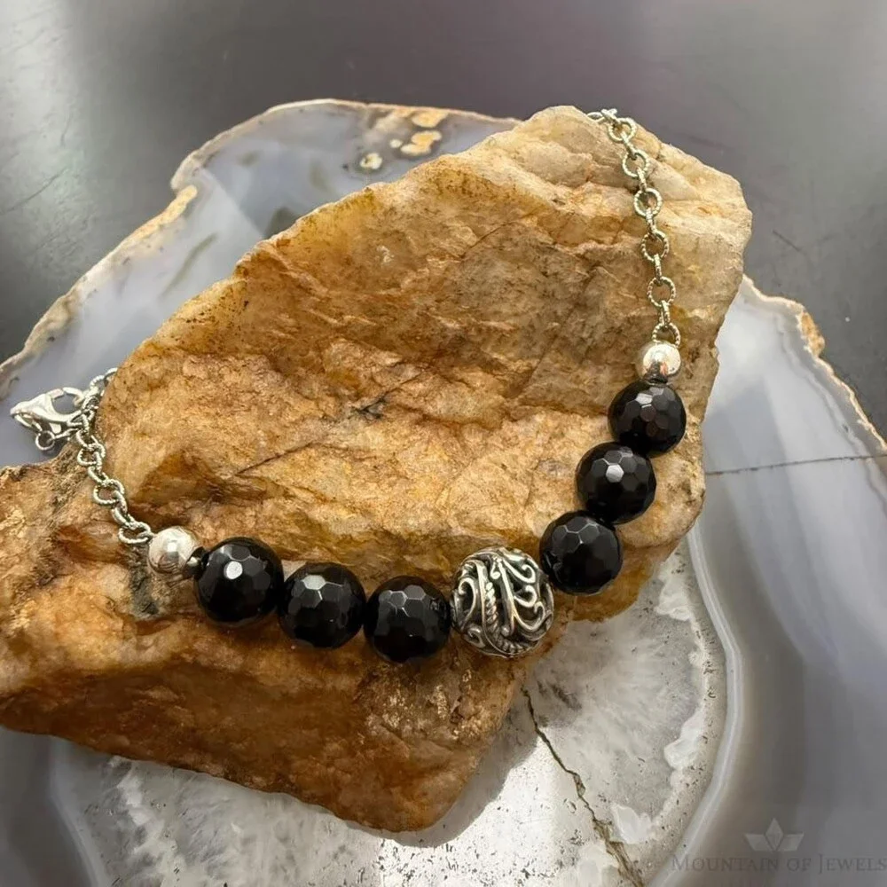 Carolyn Pollack Sterling Silver 6 Faceted Onyx w/Swirl Beads 15